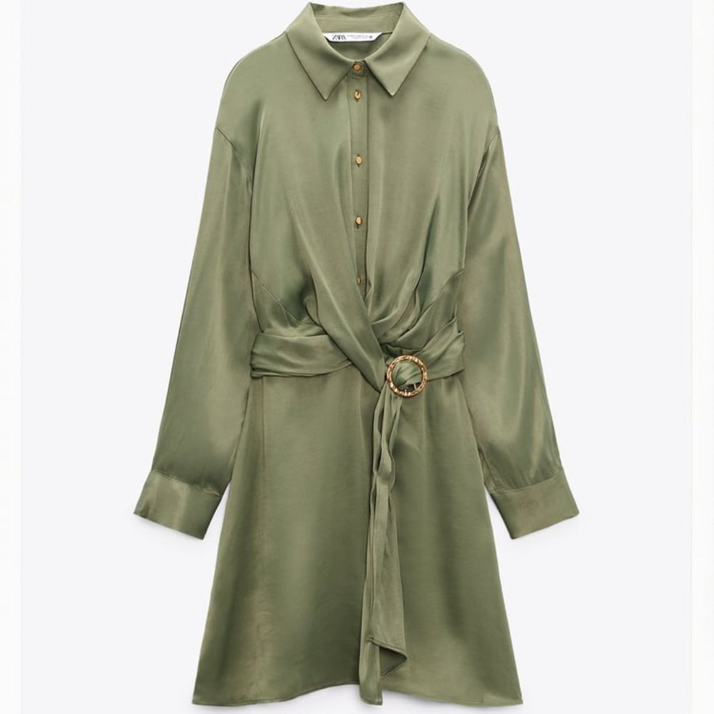 Belted Satin Mini Dress - Khaki